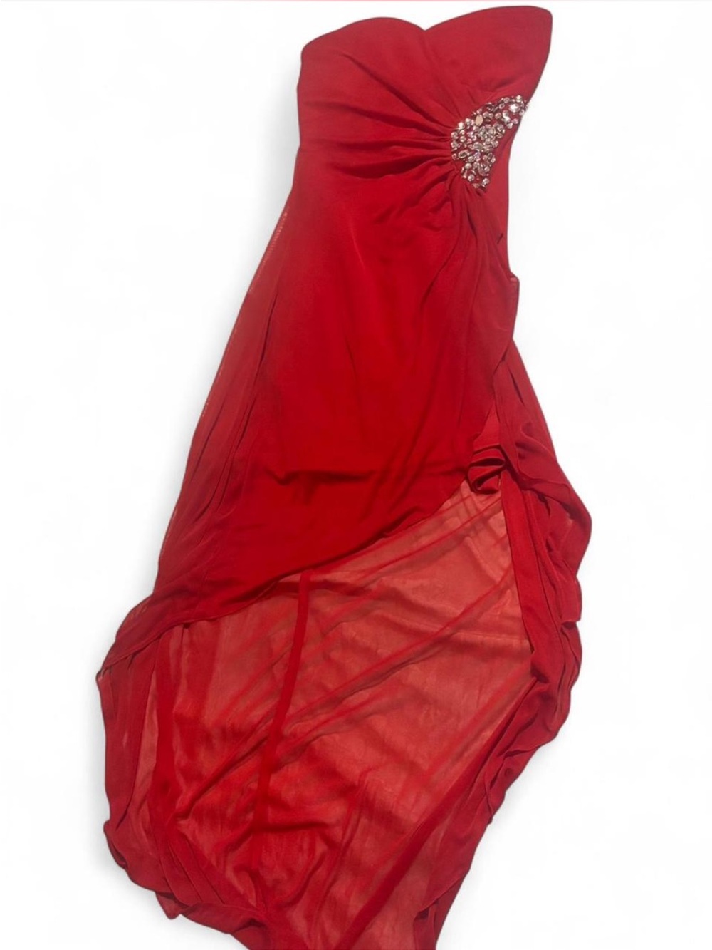 Strapless Red Evening Gown with Rhinestone Accent
